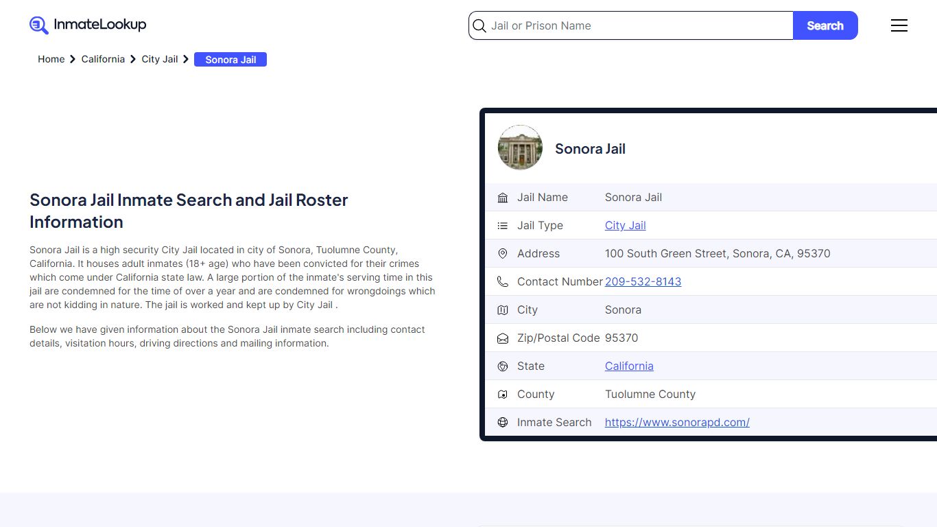 Sonora Jail Inmate Search - Sonora California - Inmate Lookup
